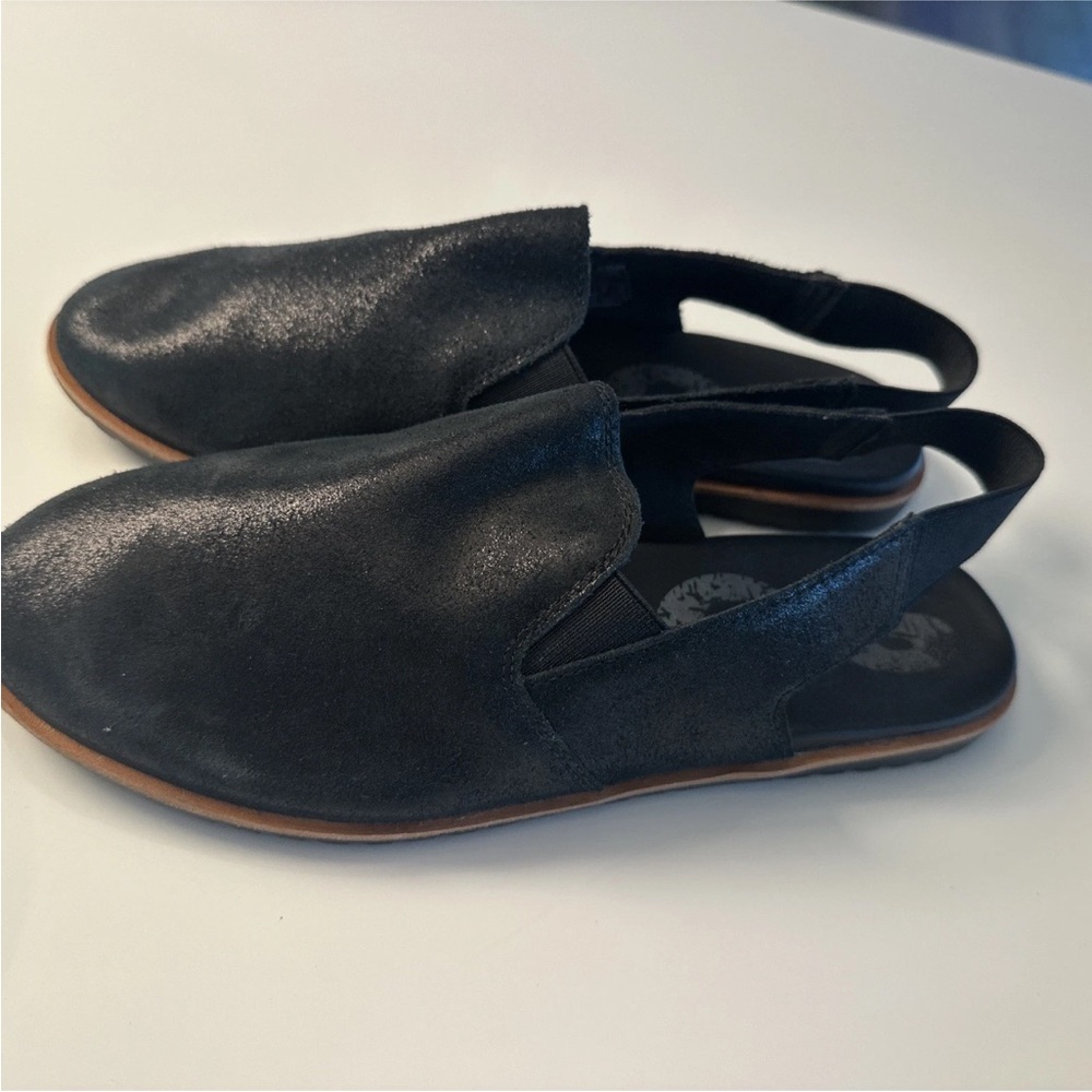 SOREL- Ella Slingback Mule Flats Shoes Shimmer Black Leather Size 8 - Picture 2 of 8